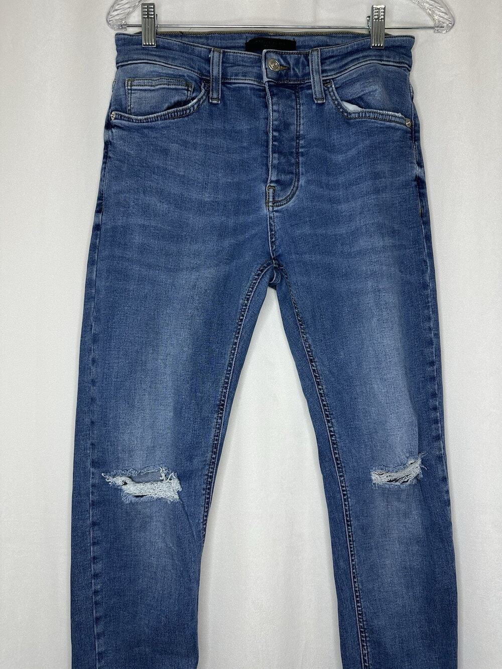 Mens 32x31 Jeans Blue Skinny Slim Tapered Medium Wash Distressed Denim Pants